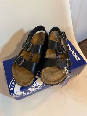 Birkenstock Amalfi Leather Black Arizona Two-Strap Sandals Soft Footbed Size 36